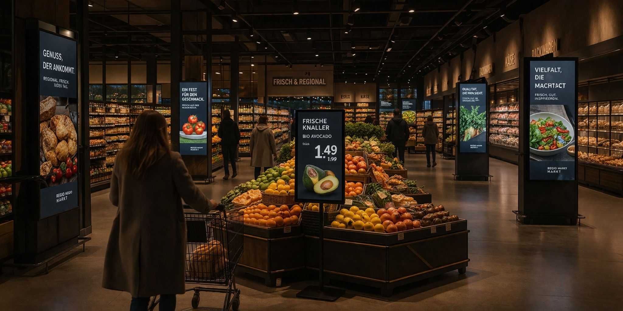 Retail media environment with digital displays in a supermarket