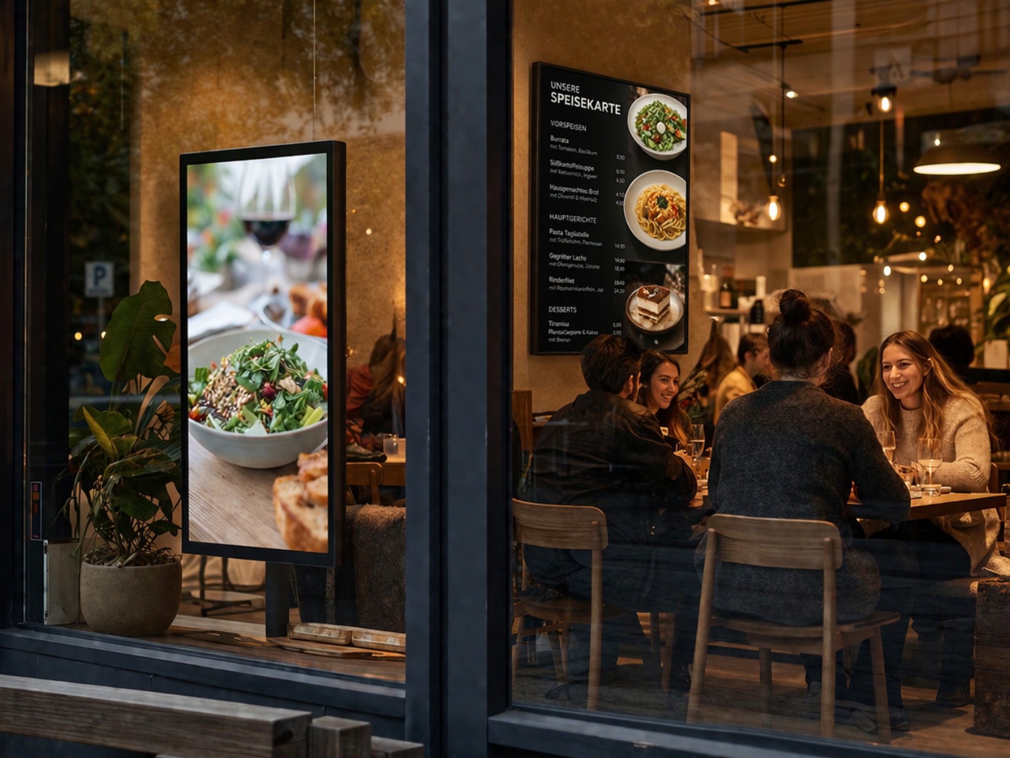 Modern bistro with integrated display surfaces