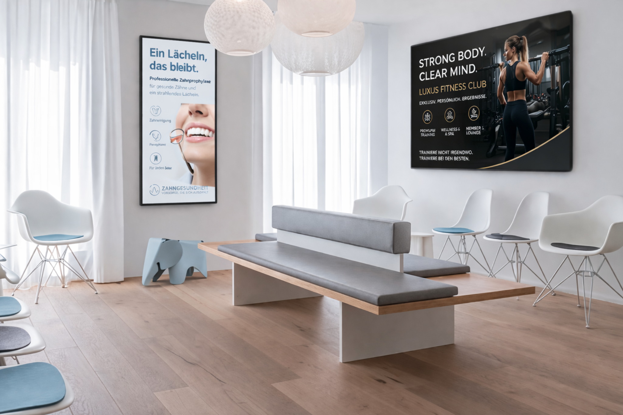 Modern waiting area with digital displays