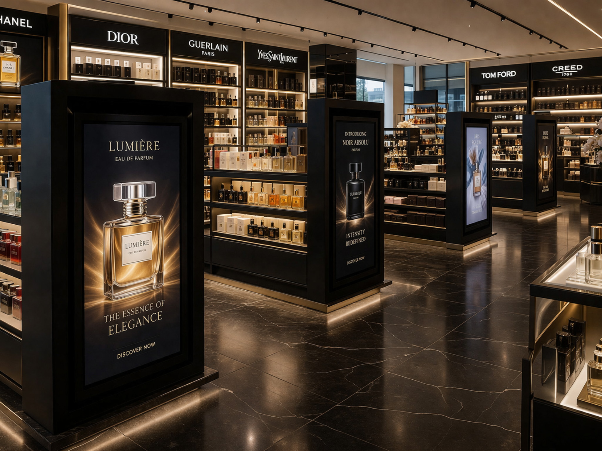 Premium perfume store with digital display staging