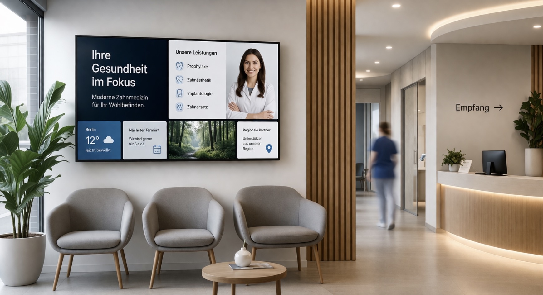 Hochwertiger Empfangs- und Wartebereich mit digitalem Display