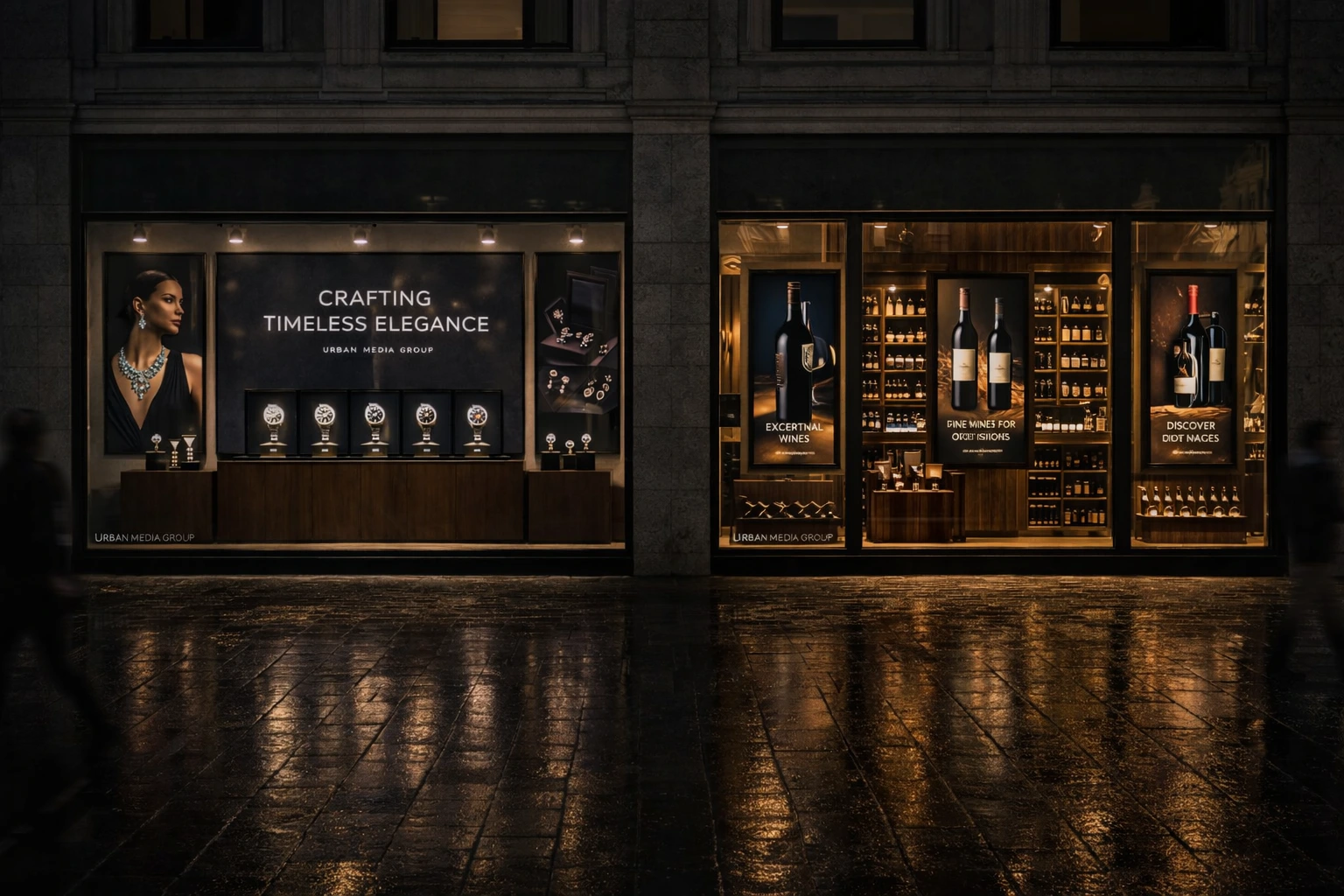 Two premium storefronts with digital displays for jewellery and wine in an urban evening setting