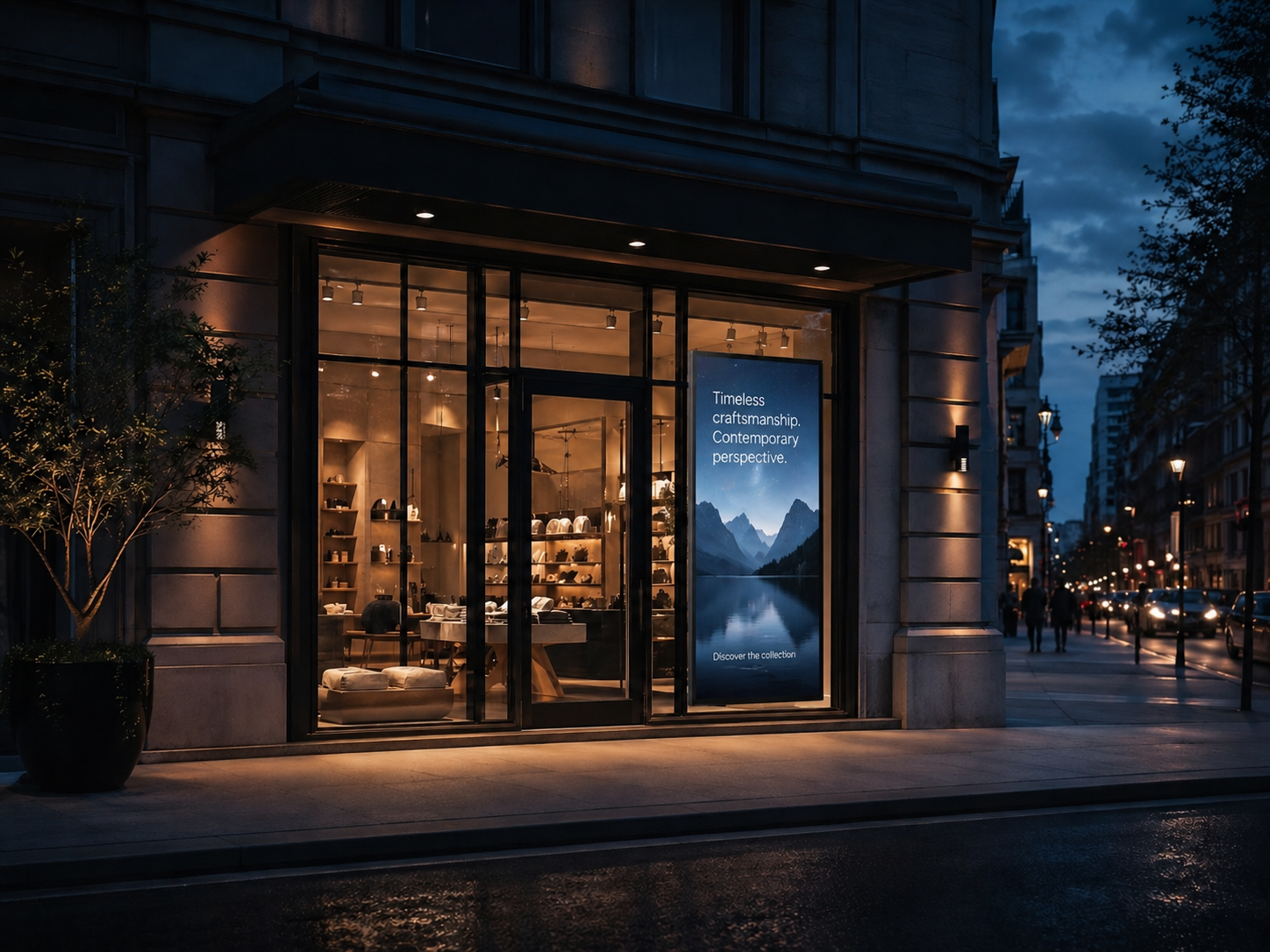 Activated location surface with a high-quality digital signage screen in a premium urban environment