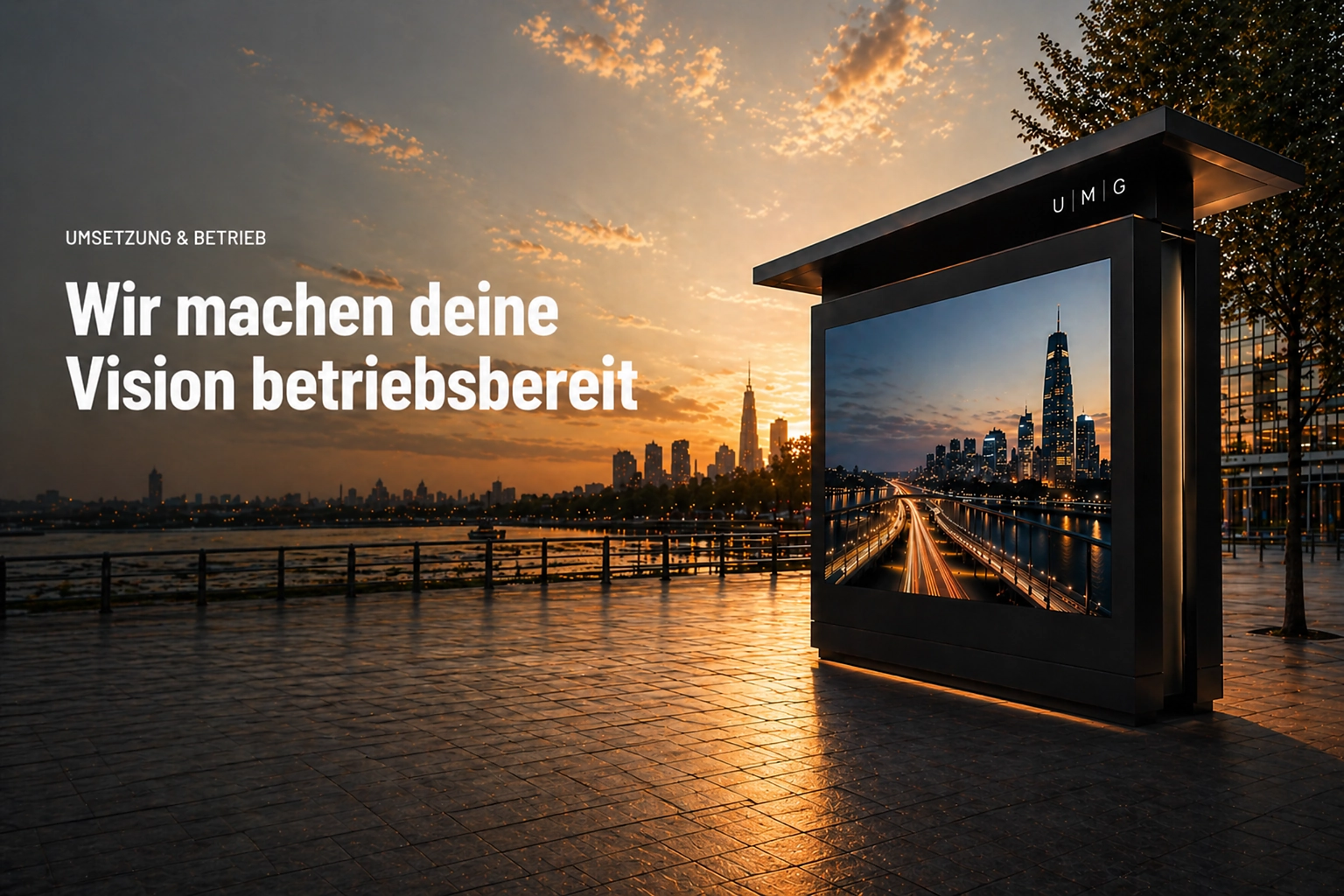 Header image for implementation and operations with premium city scene and Urban Media Group signage