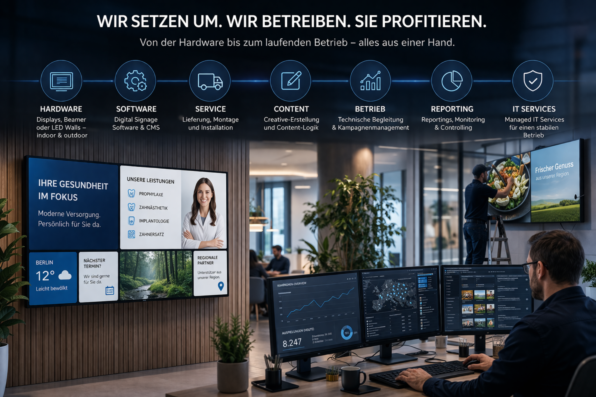 Umsetzung und Betrieb von Digital-Signage-Projekten: Hardware, Content, Betrieb, Reporting und Managed IT aus einer Hand