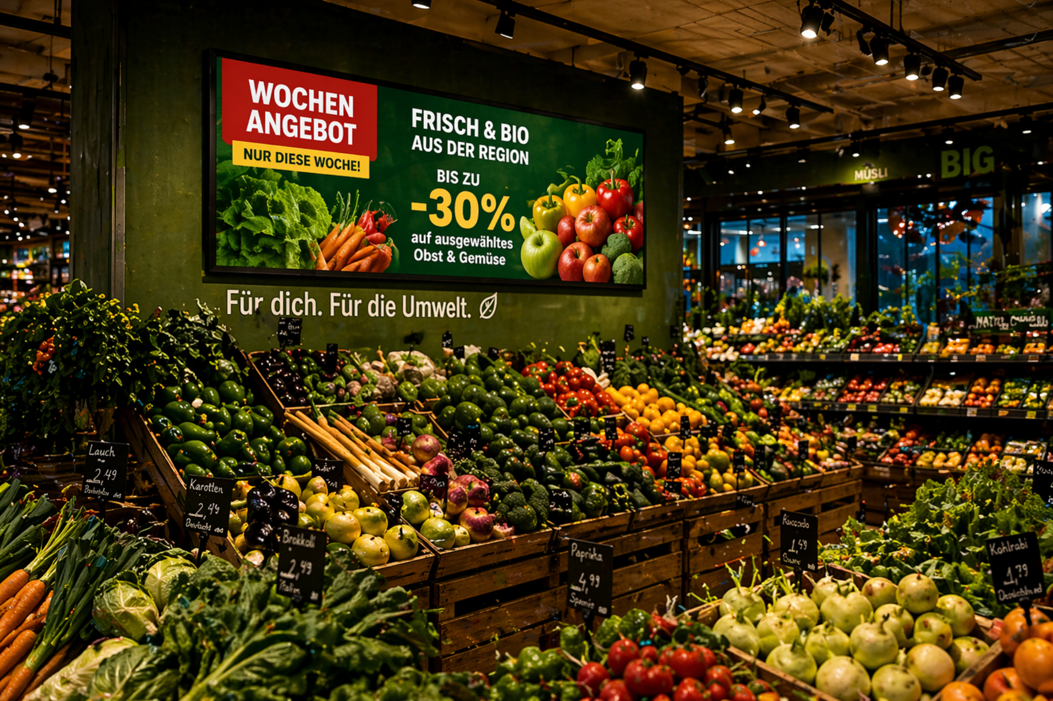 Organic supermarket fruit and vegetable area with regional produce