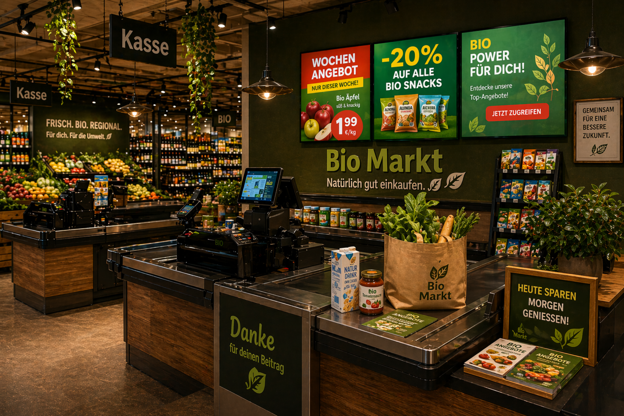 Organic supermarket checkout area with premium in-store communication