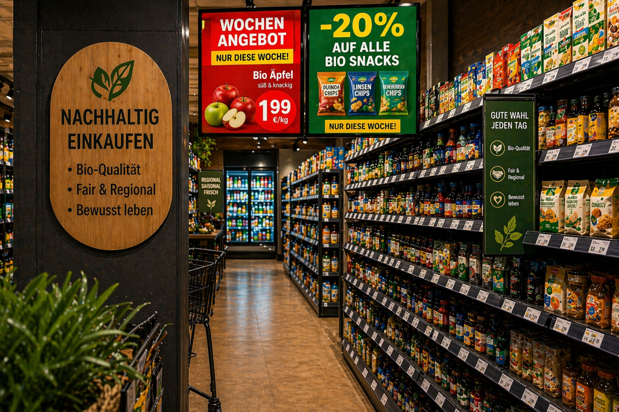 Organic supermarket shelves with sustainability-oriented product communication