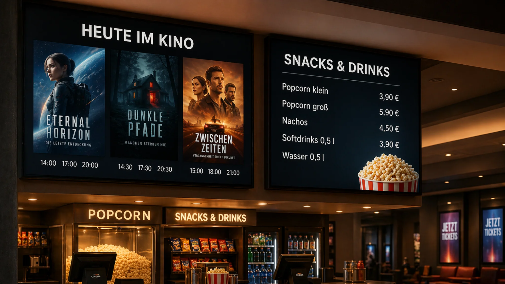 Cinema foyer with movie program and snack communication