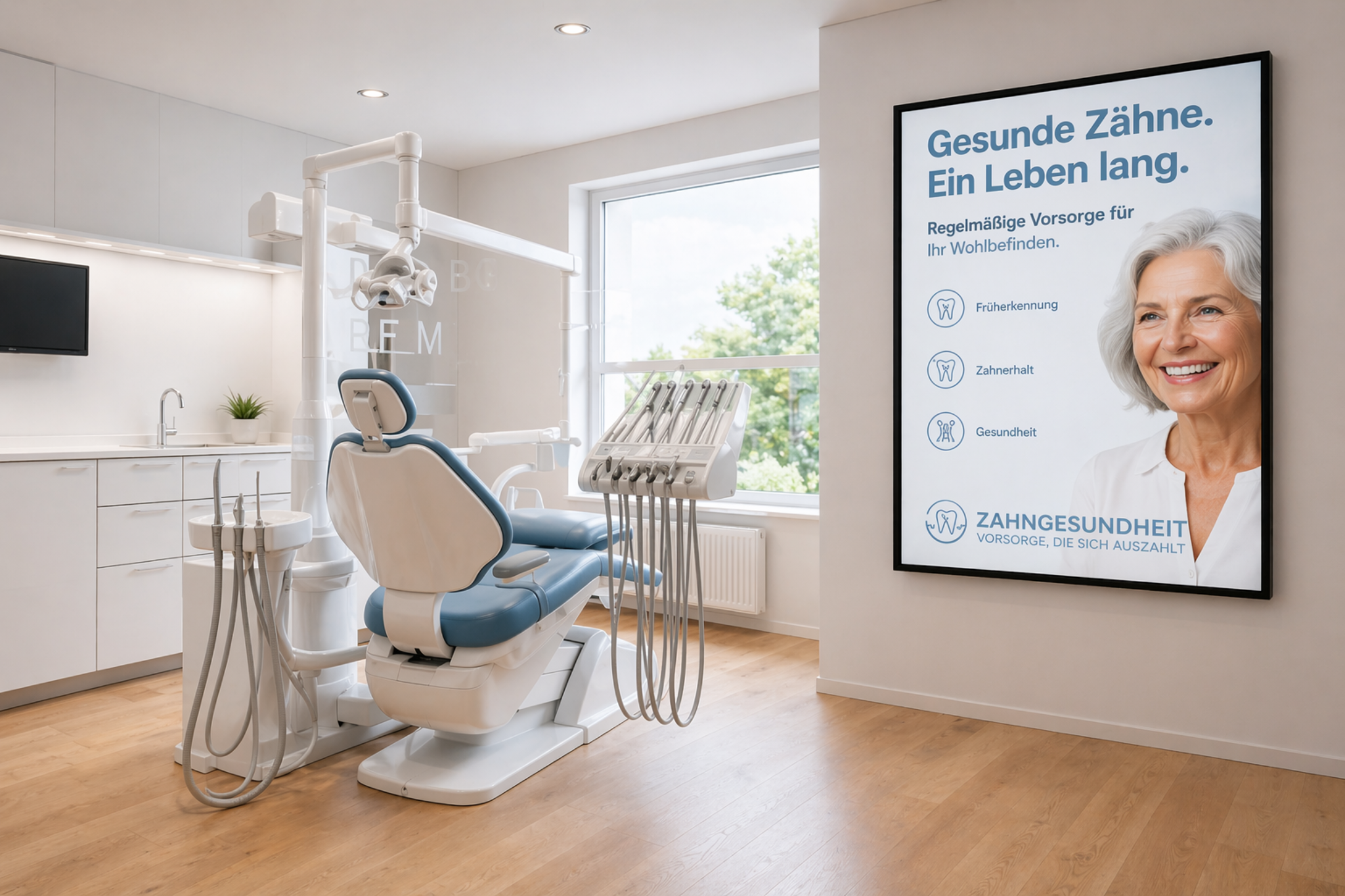 Bright treatment room with a digital screen for dental health communication