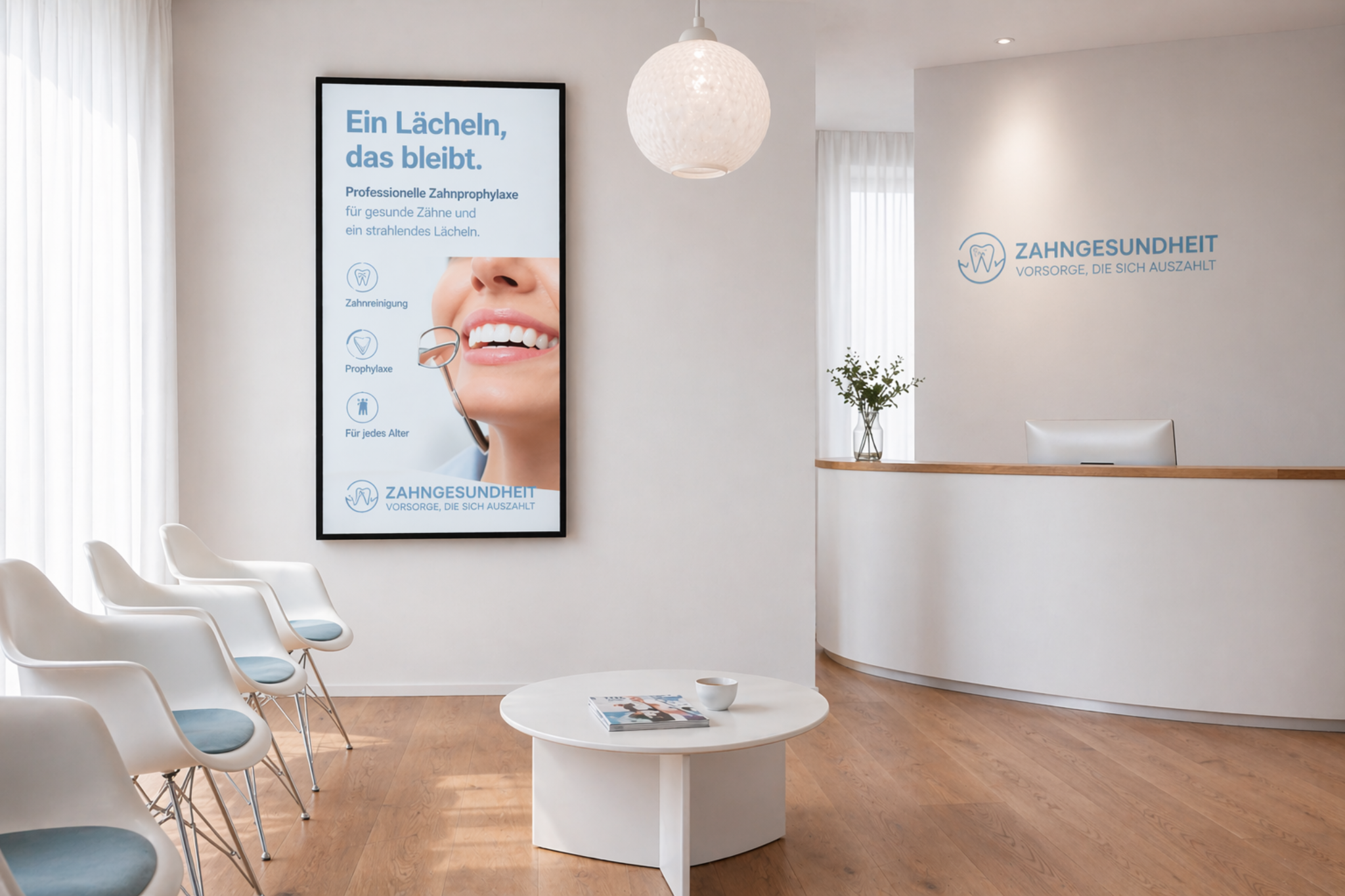 Dental practice waiting area with premium prophylaxis communication