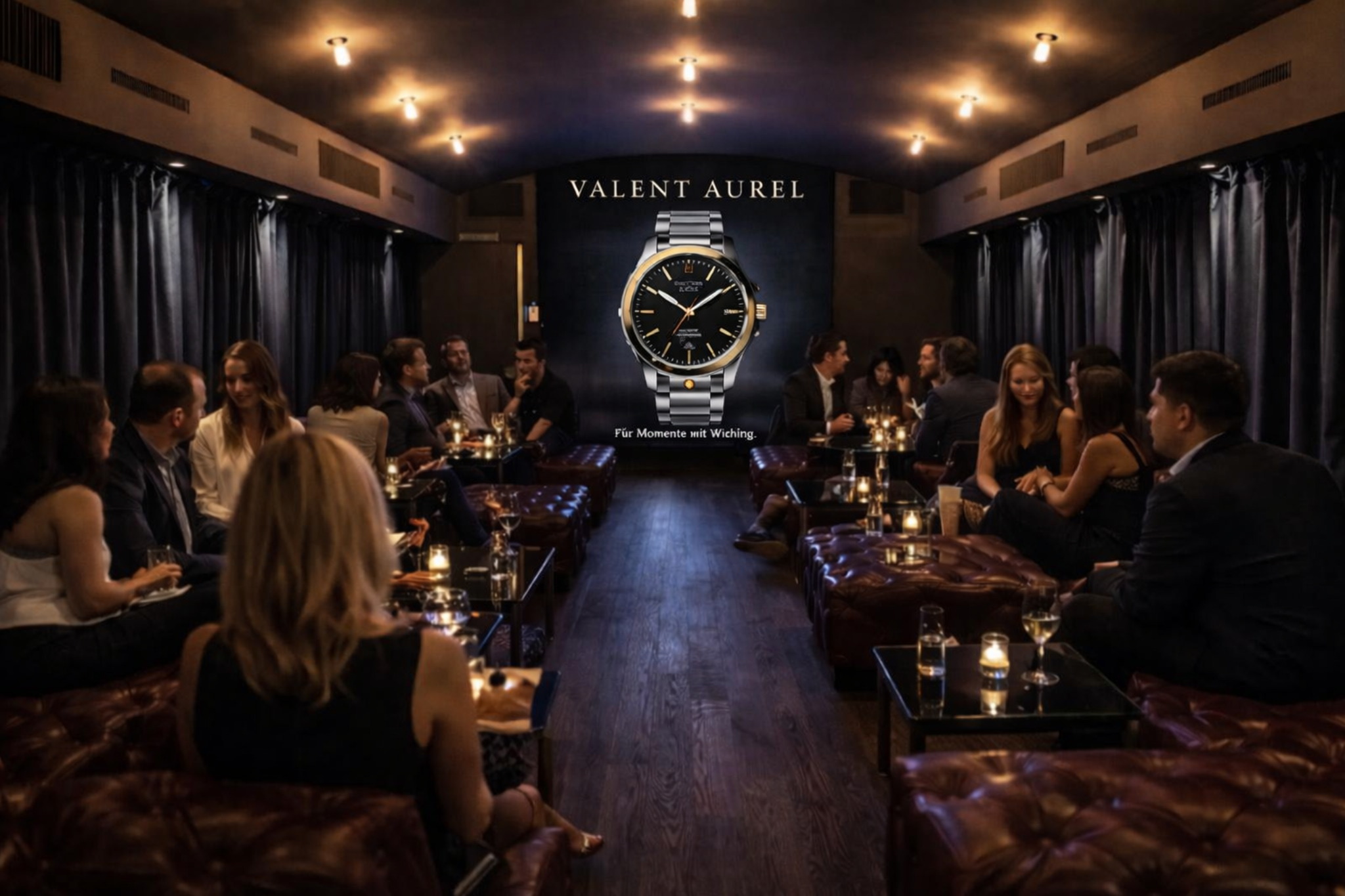 Lounge setting with premium advertising on a digital screen