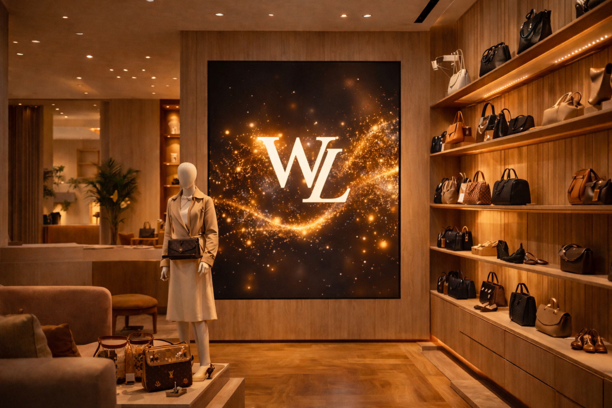 Elegant luxury boutique with handbags and a large digital display