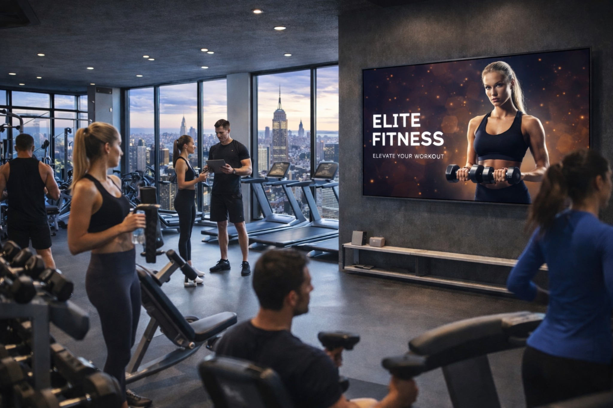 Premium fitness studio with digital display